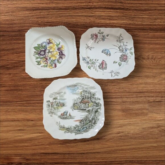 vtg Johnson Brothers  Square Collector Plates Pansy Floral  Countryside Set Of 3 - Picture 1 of 6